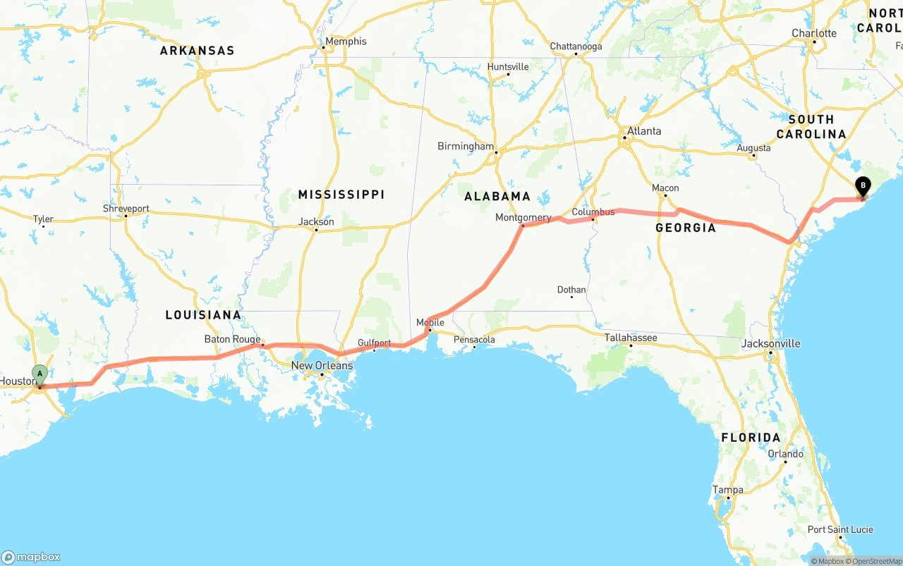 Shipping route from Houston to Port of Charleston