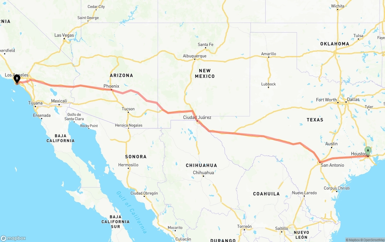 Shipping route from Houston to Port of Long Beach