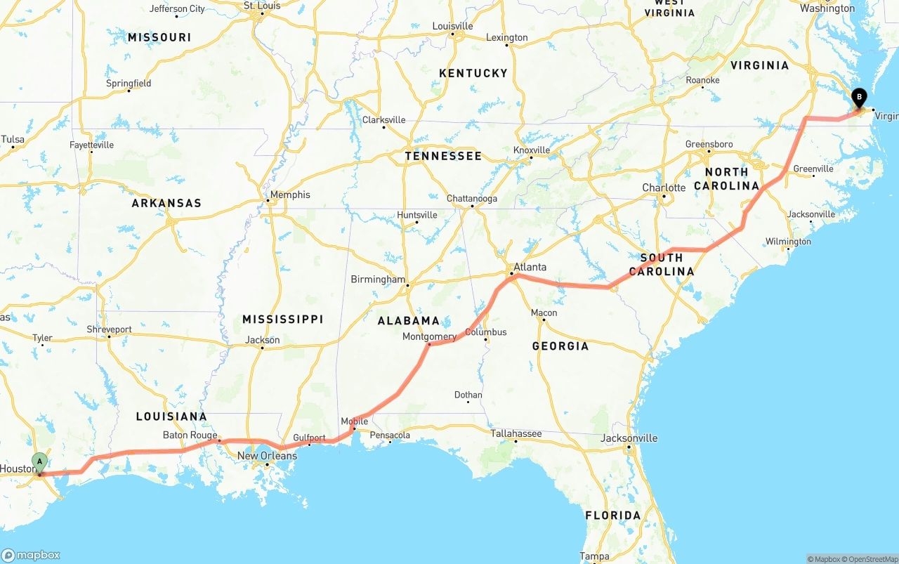 Shipping route from Houston to Port of Norfolk