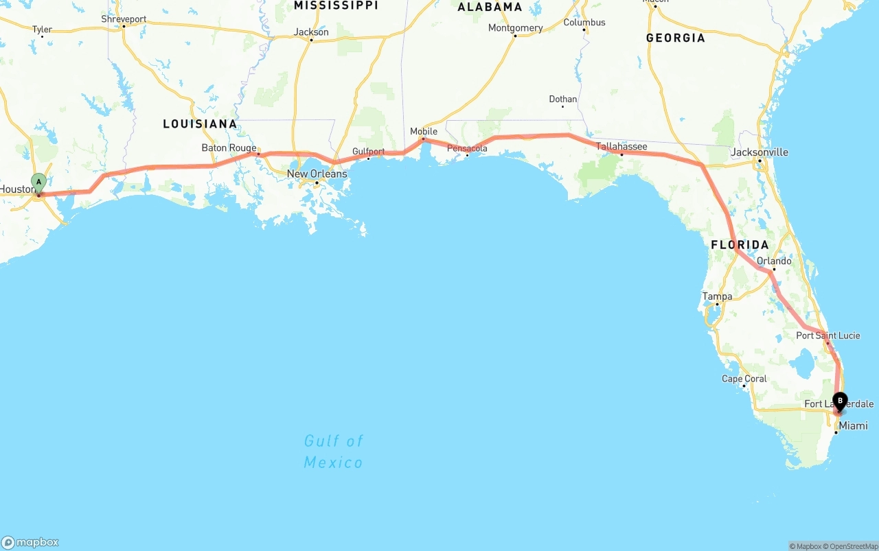 Shipping route from Houston to Port of Port Everglades