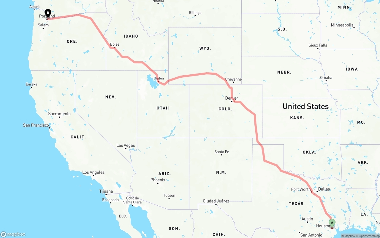 Shipping route from Houston to Portland International Airport