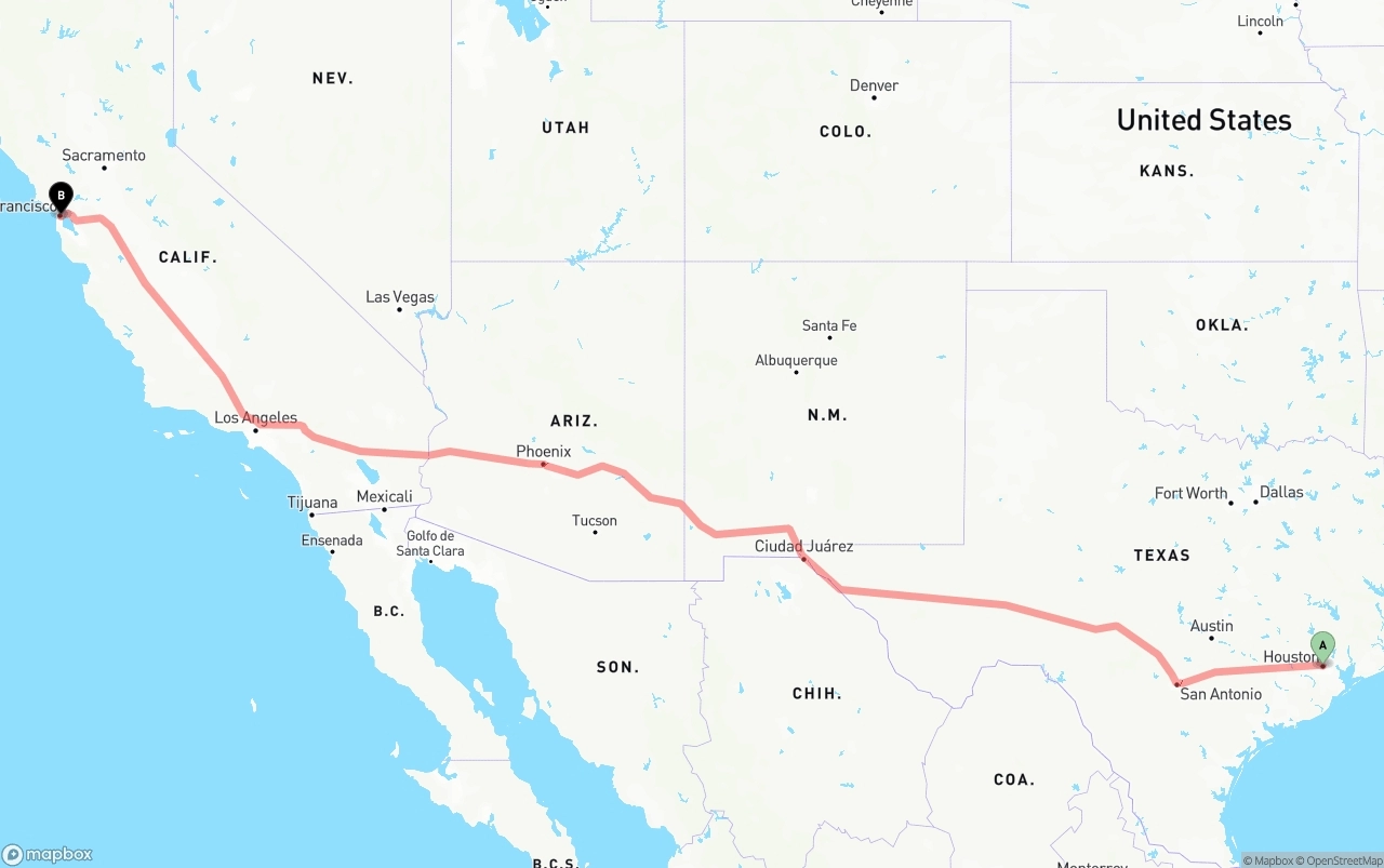 Shipping route from Houston to San Francisco