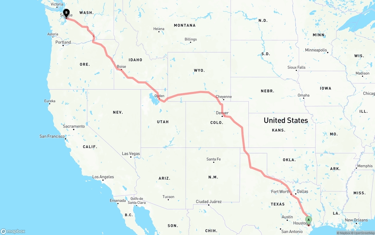 Shipping route from Houston to Seattle