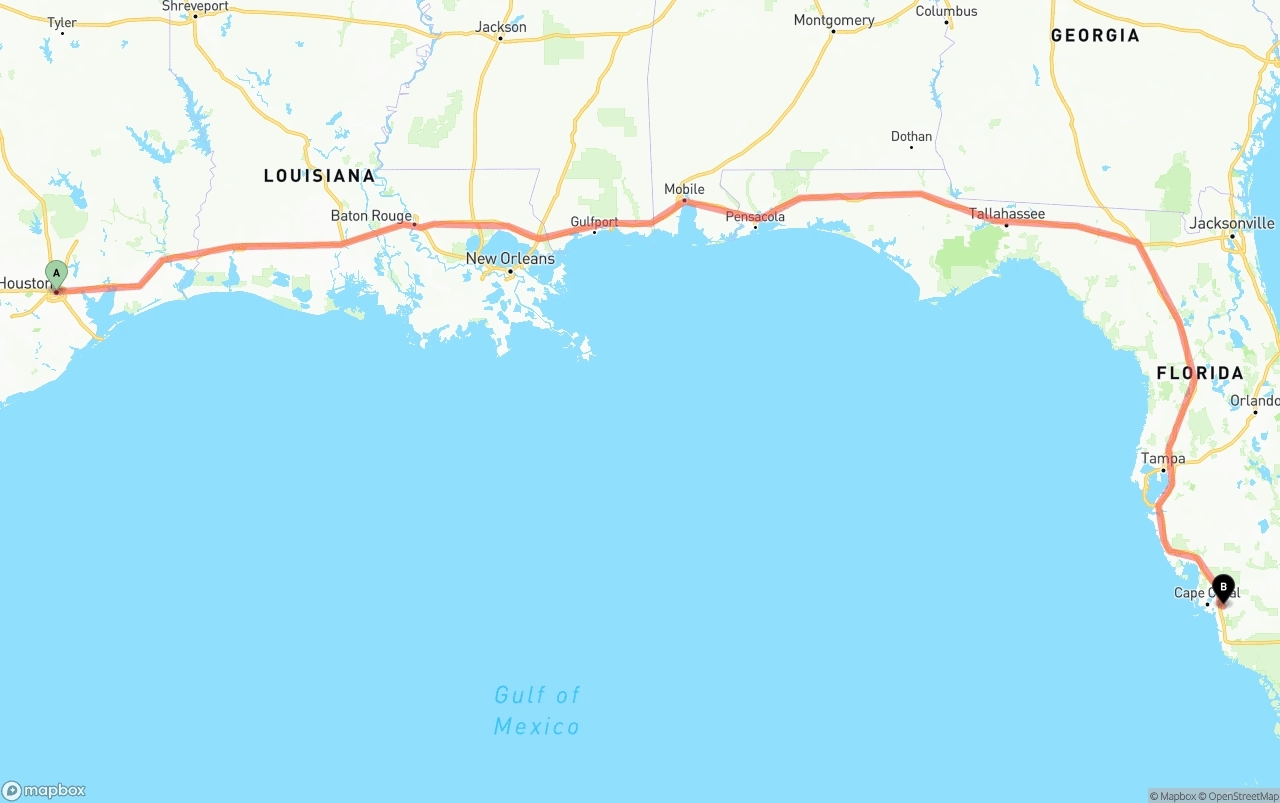 Shipping route from Houston to Southwest Florida International Airport