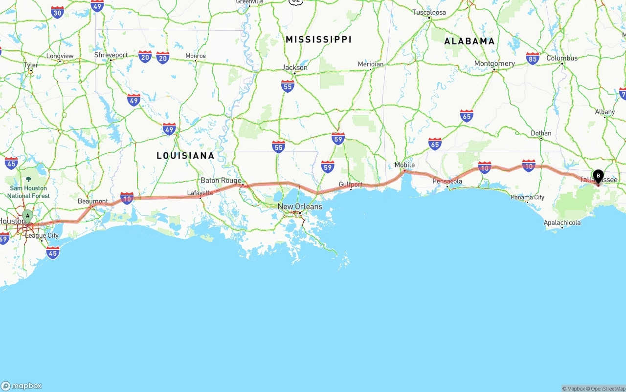 Shipping route from Houston to Tallahassee