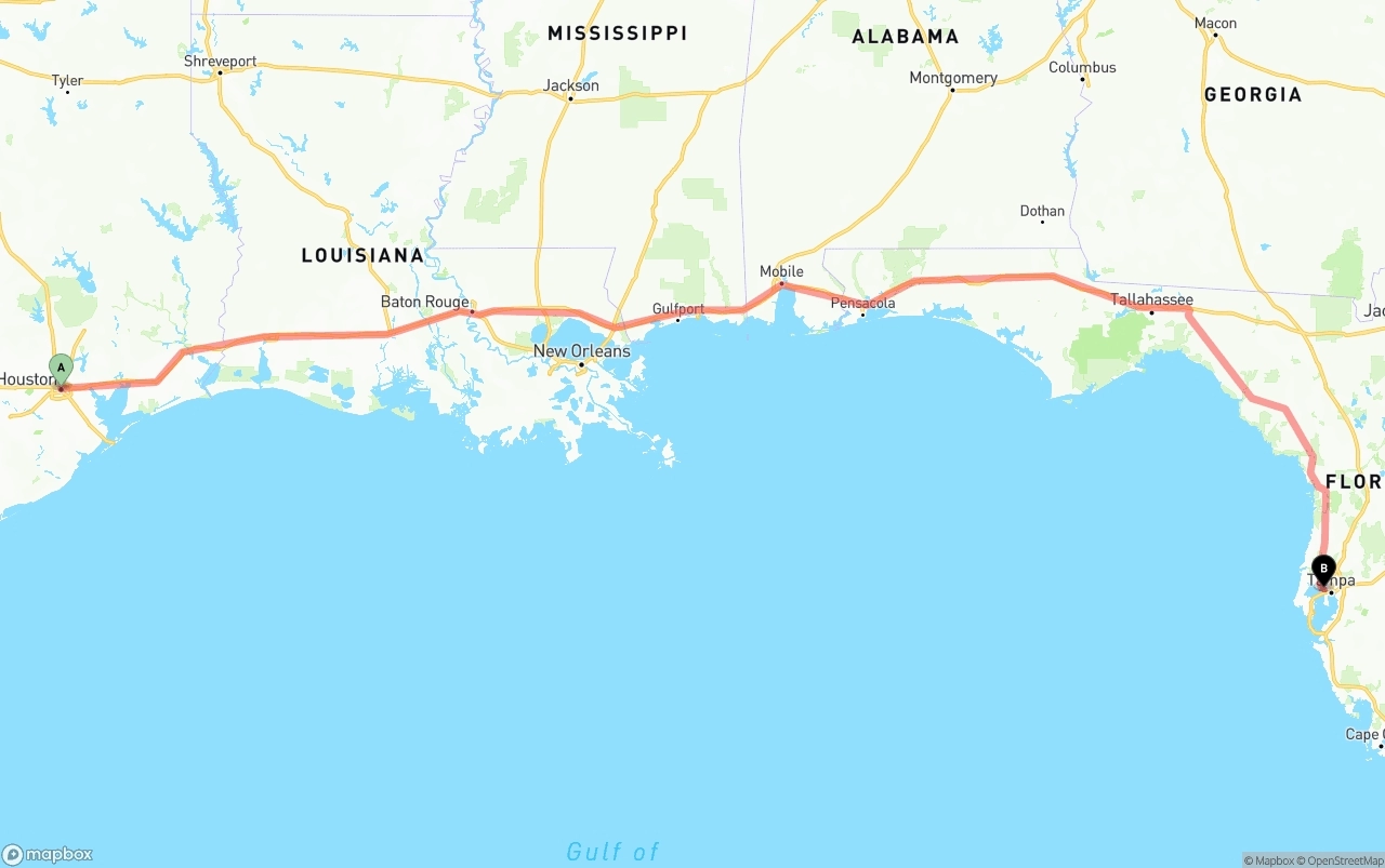 Shipping route from Houston to Tampa International Airport