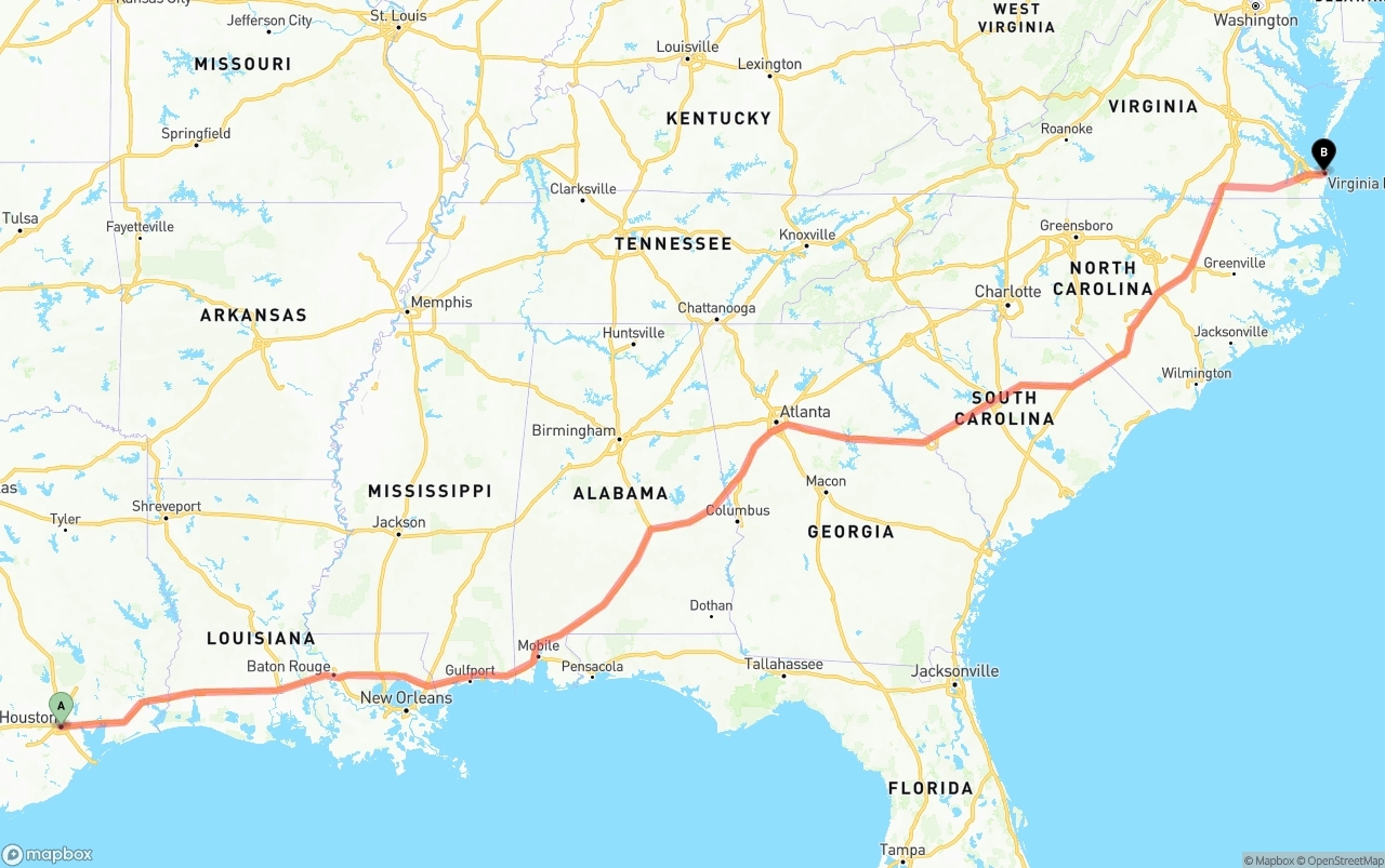 Shipping route from Houston to Virginia Beach