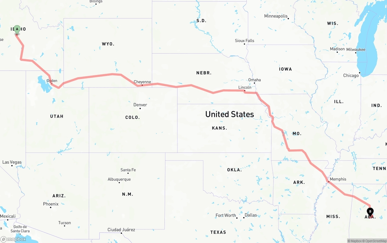 Shipping route from Idaho to Alabama