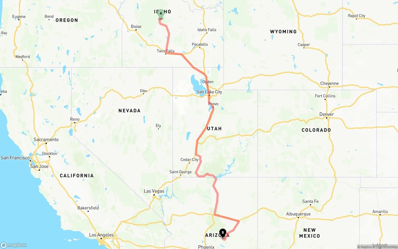 Shipping route from Idaho to Arizona