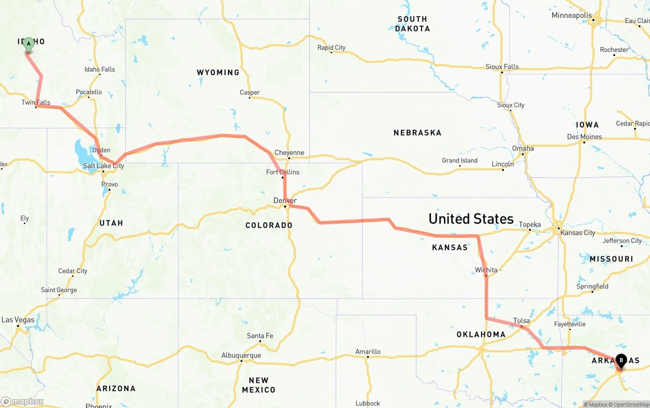 Shipping route from Idaho to Arkansas