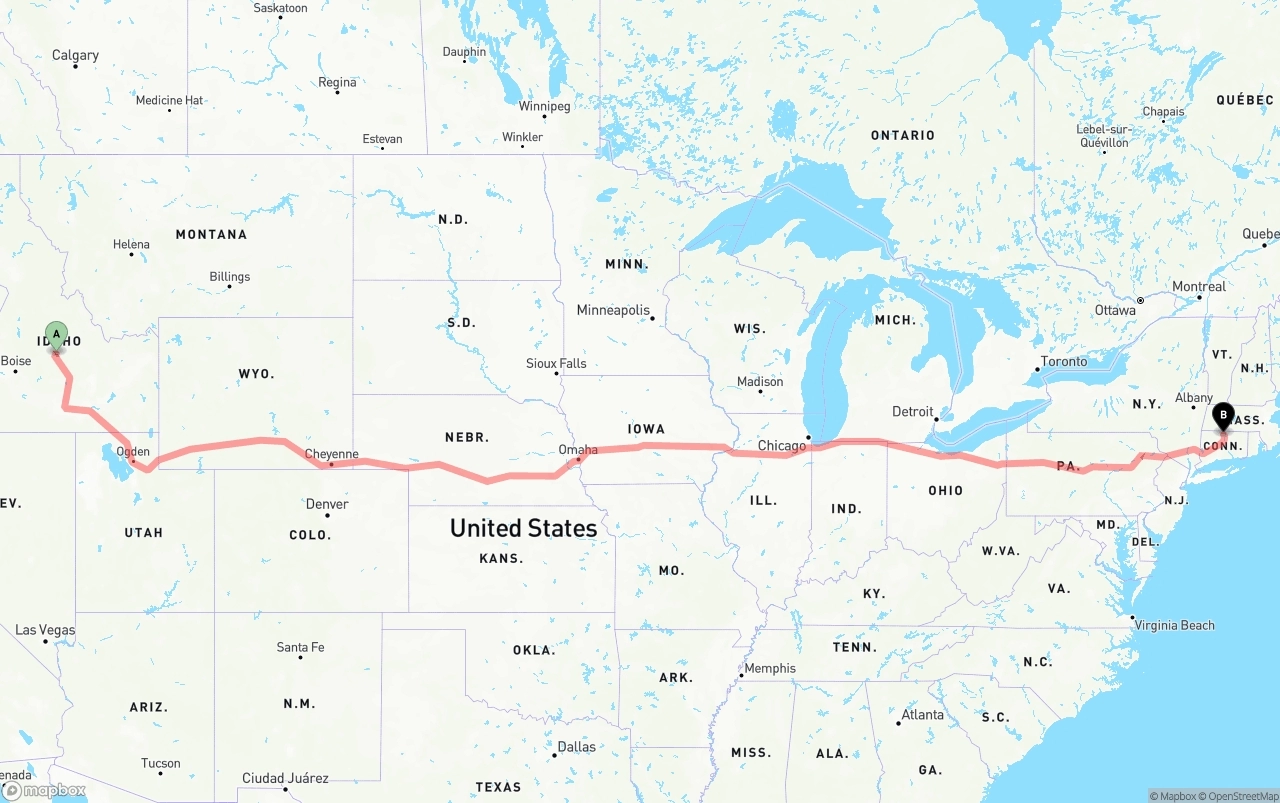 Shipping route from Idaho to Bradley International Airport