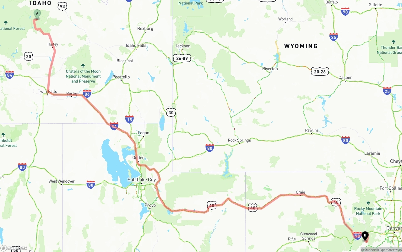 Shipping route from Idaho to Colorado