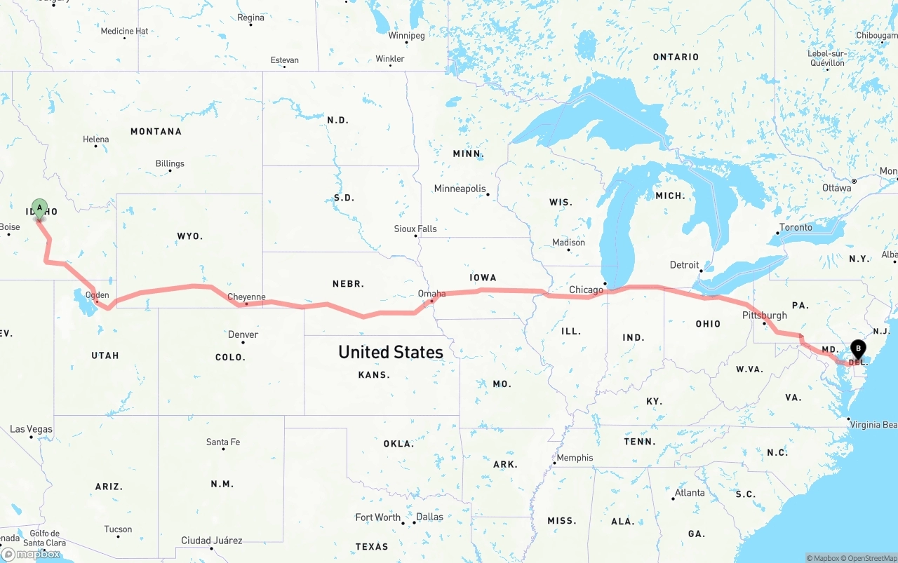 Shipping route from Idaho to Delaware