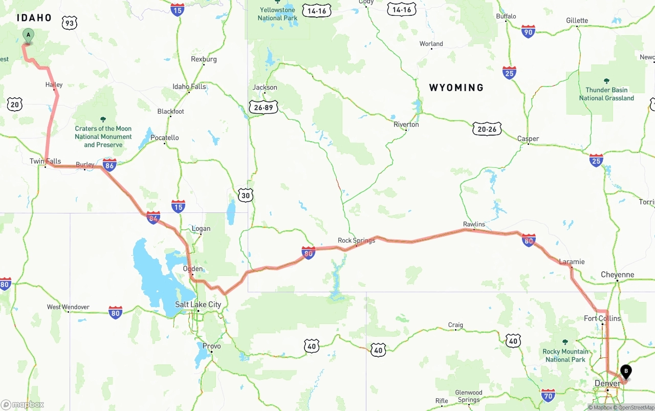 Shipping route from Idaho to Denver International Airport