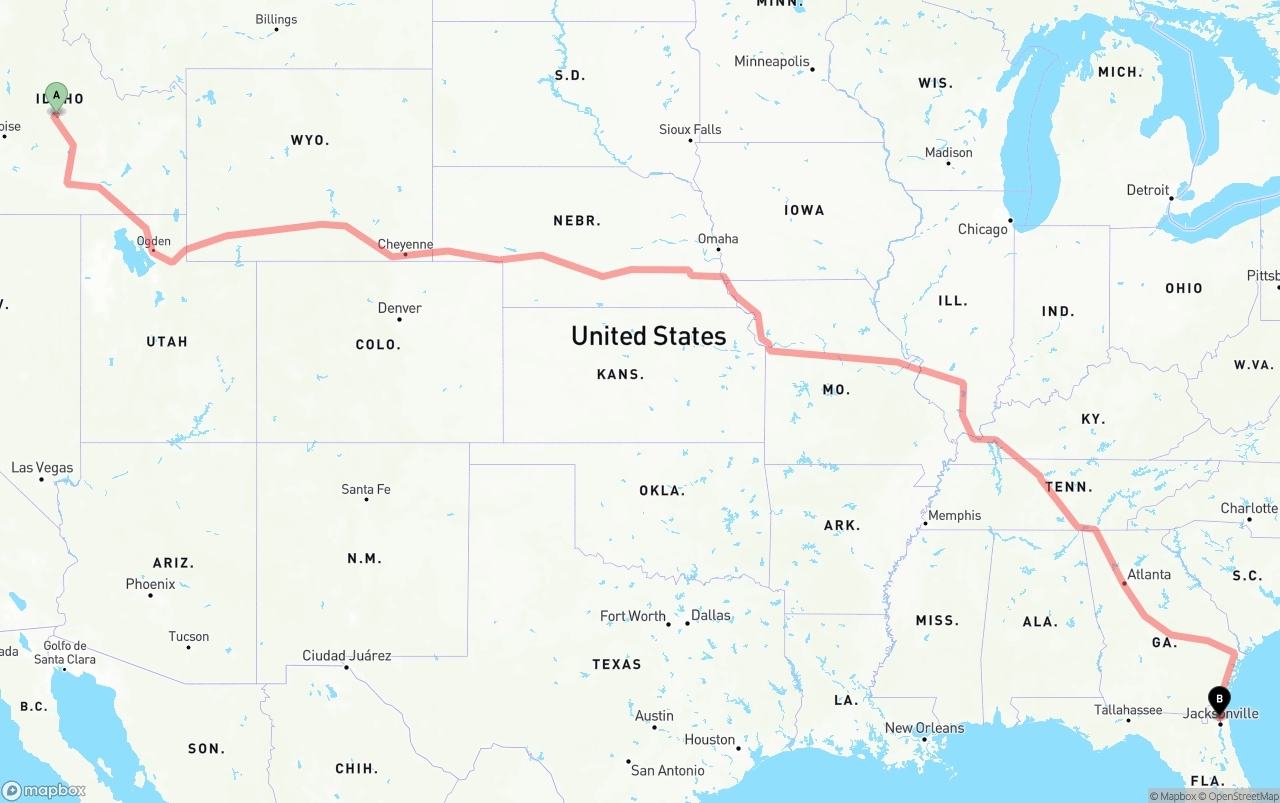 Shipping route from Idaho to Jacksonville International Airport