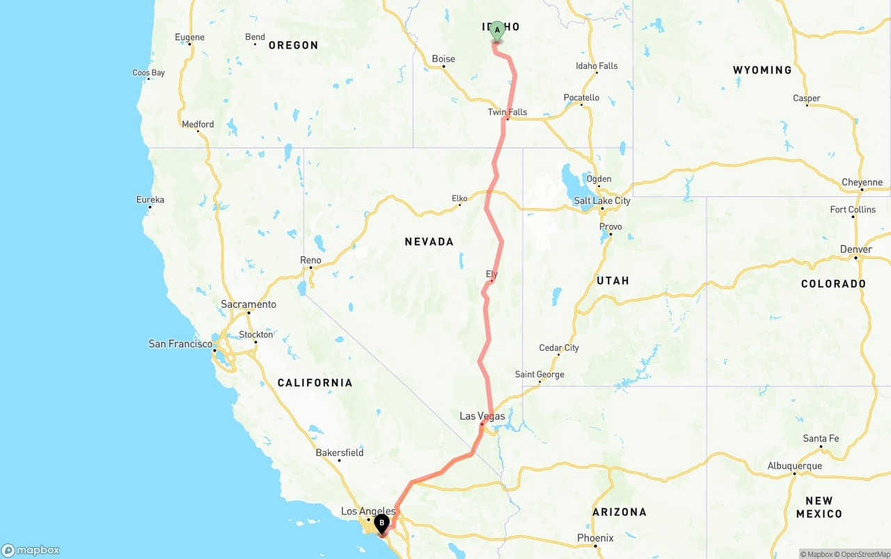 Shipping route from Idaho to John Wayne Airport — Orange County