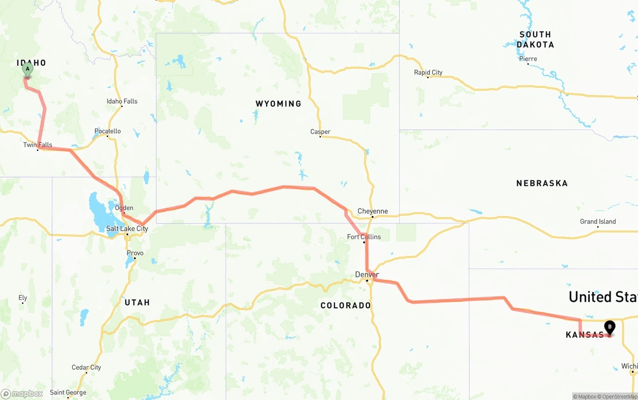 Shipping route from Idaho to Kansas