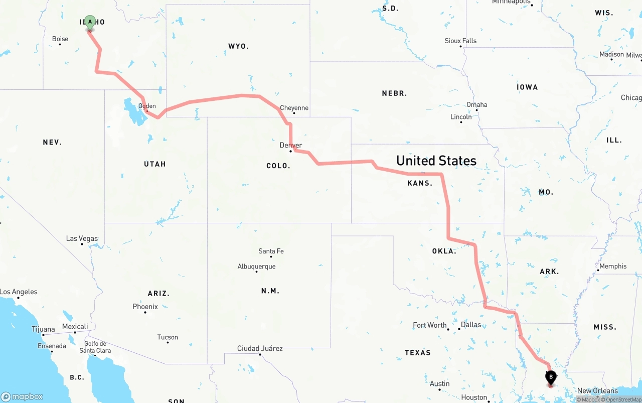 Shipping route from Idaho to Louisiana