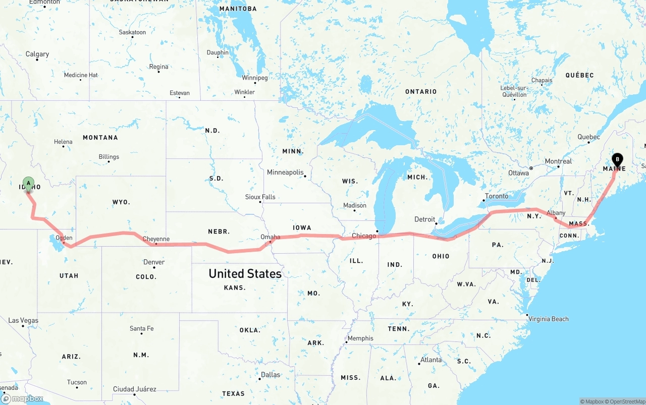 Shipping route from Idaho to Maine