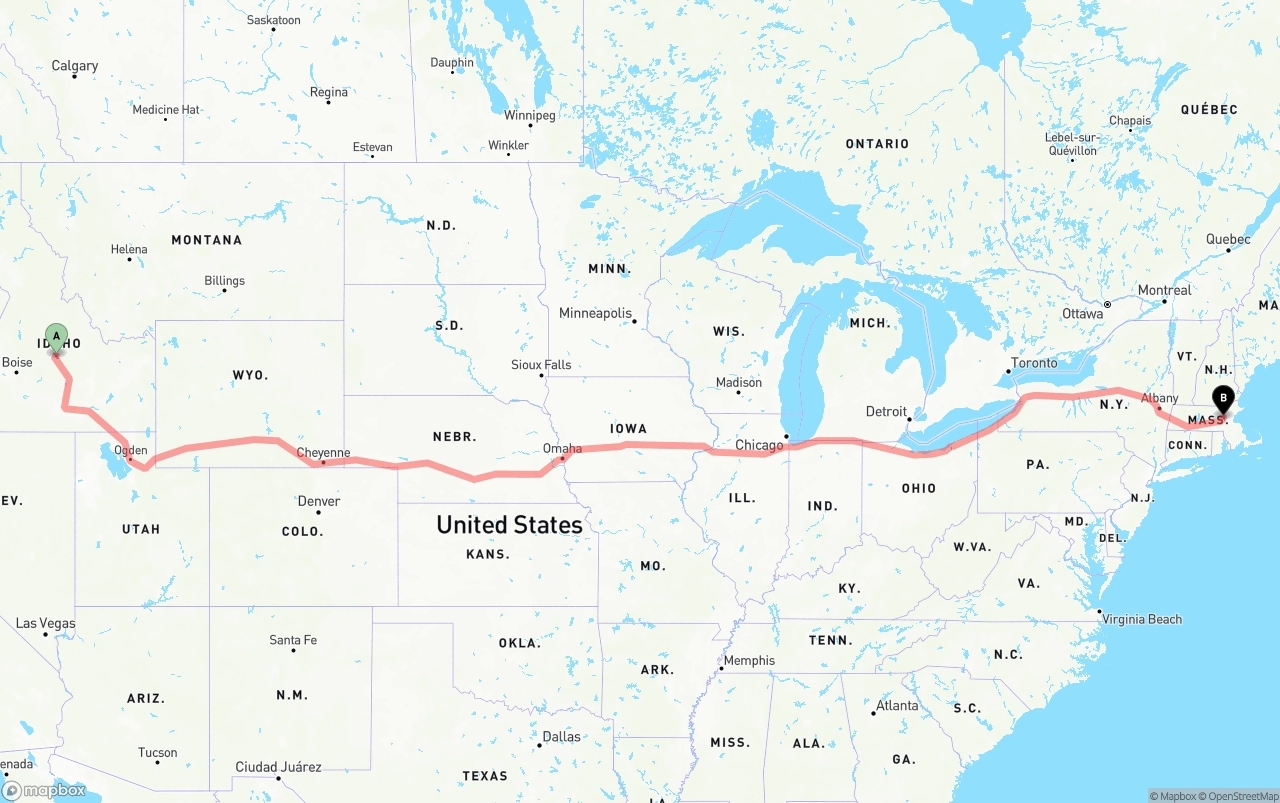 Shipping route from Idaho to Massachusetts