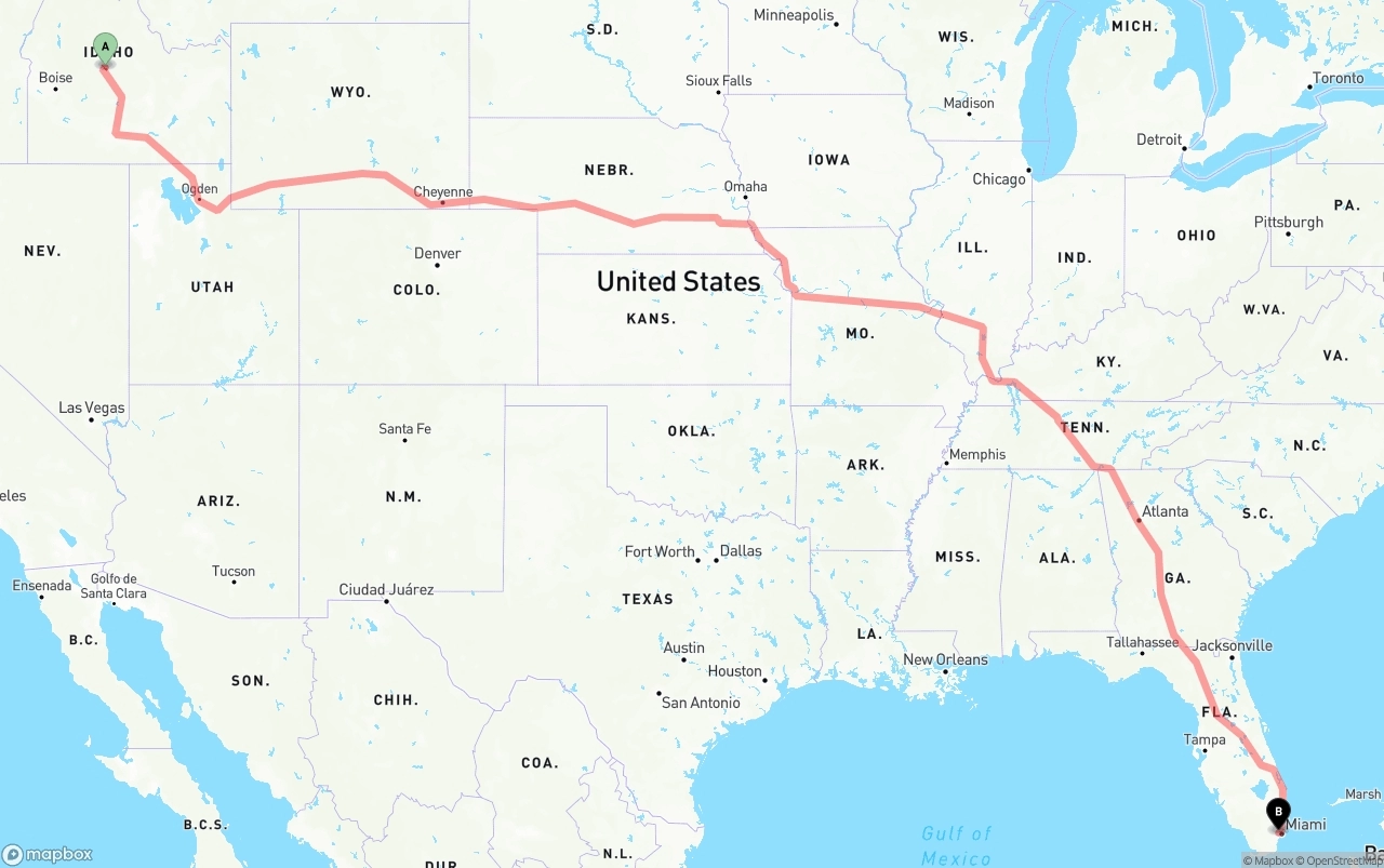 Shipping route from Idaho to Miami International Airport