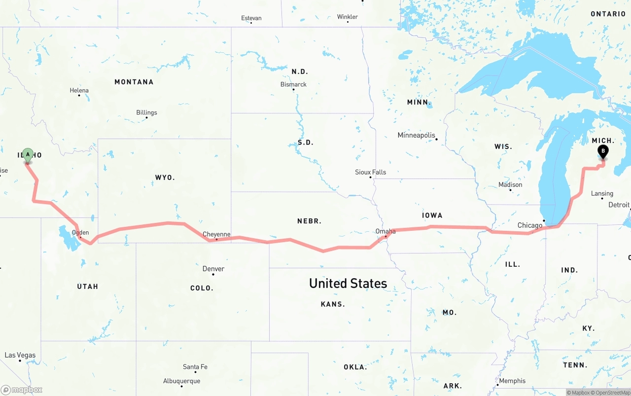 Shipping route from Idaho to Michigan