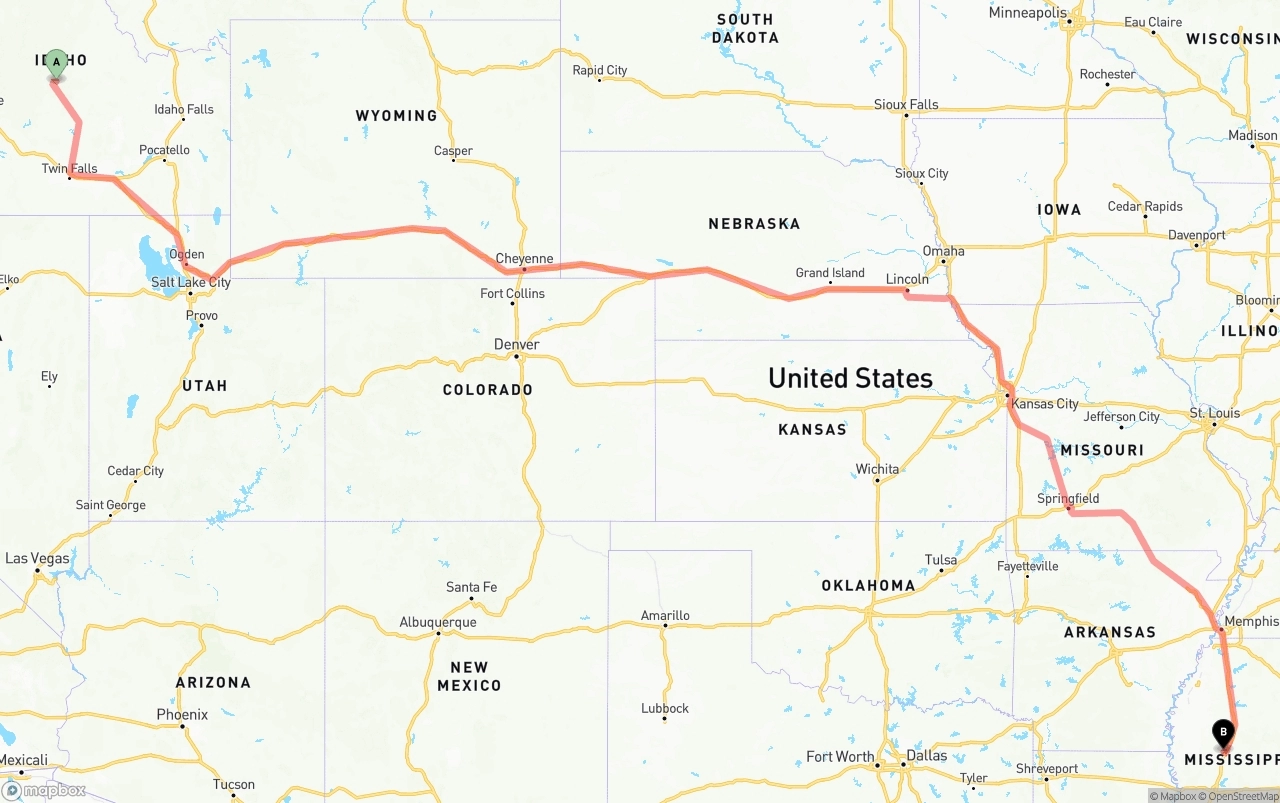 Shipping route from Idaho to Mississippi