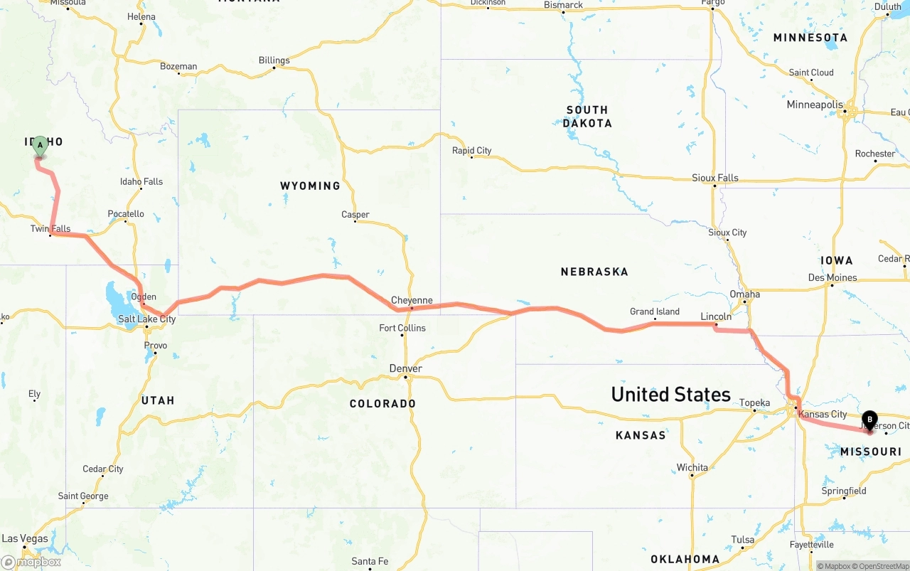 Shipping route from Idaho to Missouri