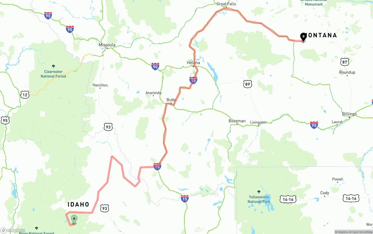 Shipping route from Idaho to Montana