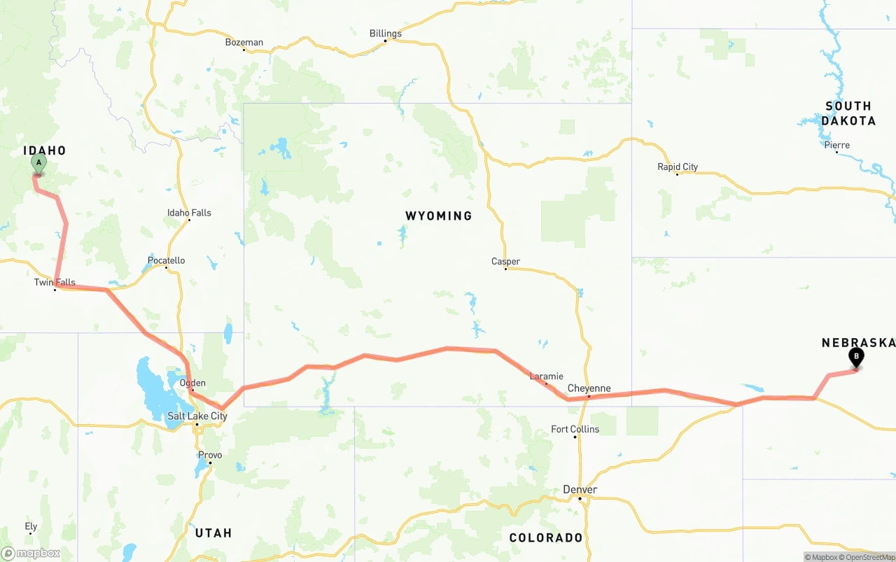 Shipping route from Idaho to Nebraska