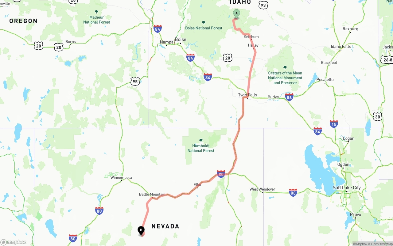 Shipping route from Idaho to Nevada