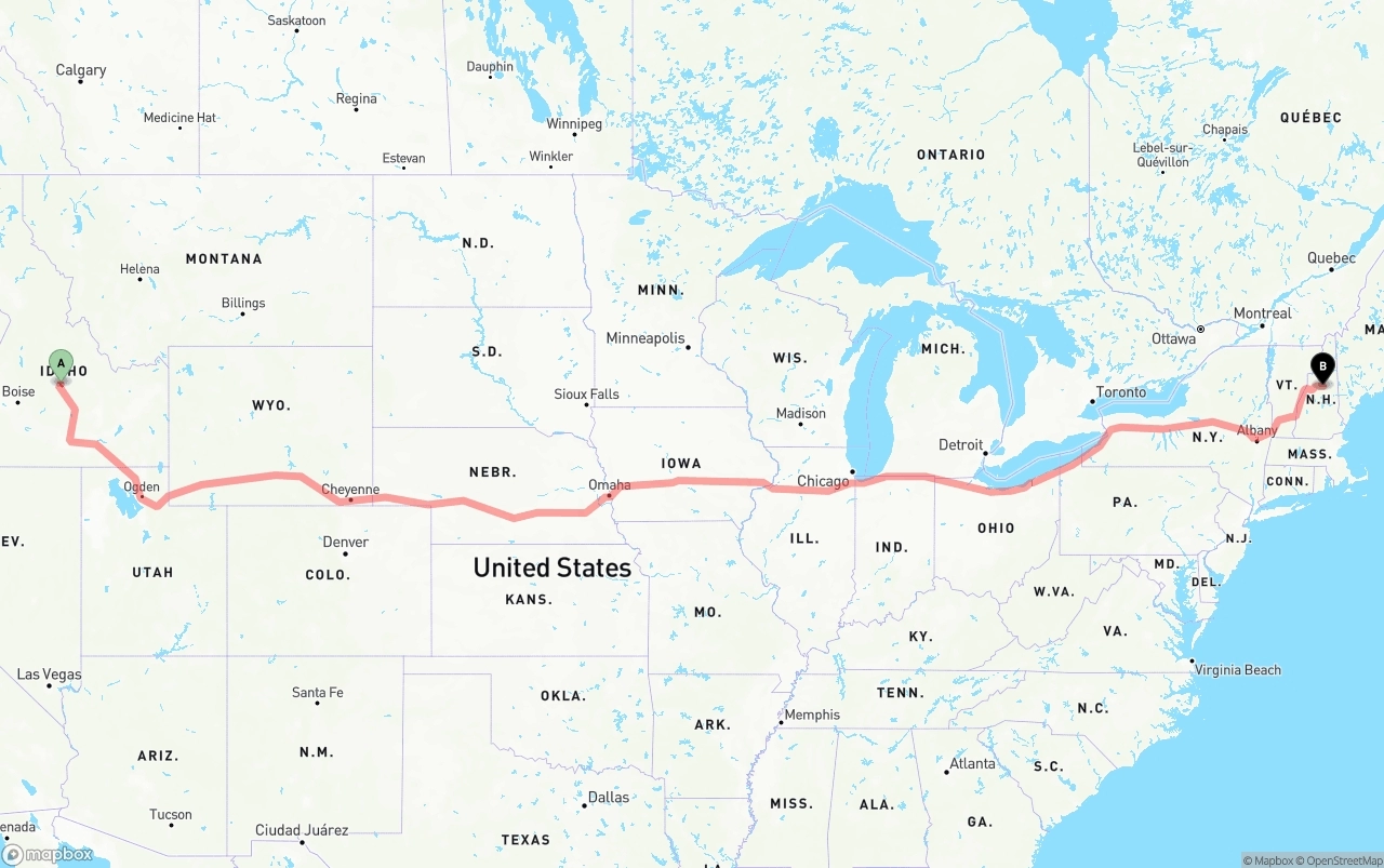 Shipping route from Idaho to New Hampshire