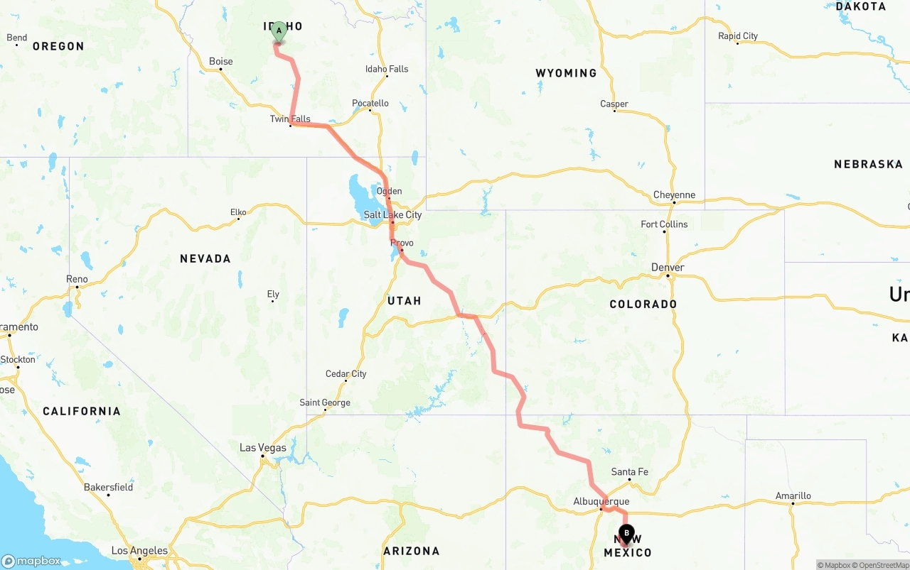 Shipping route from Idaho to New Mexico