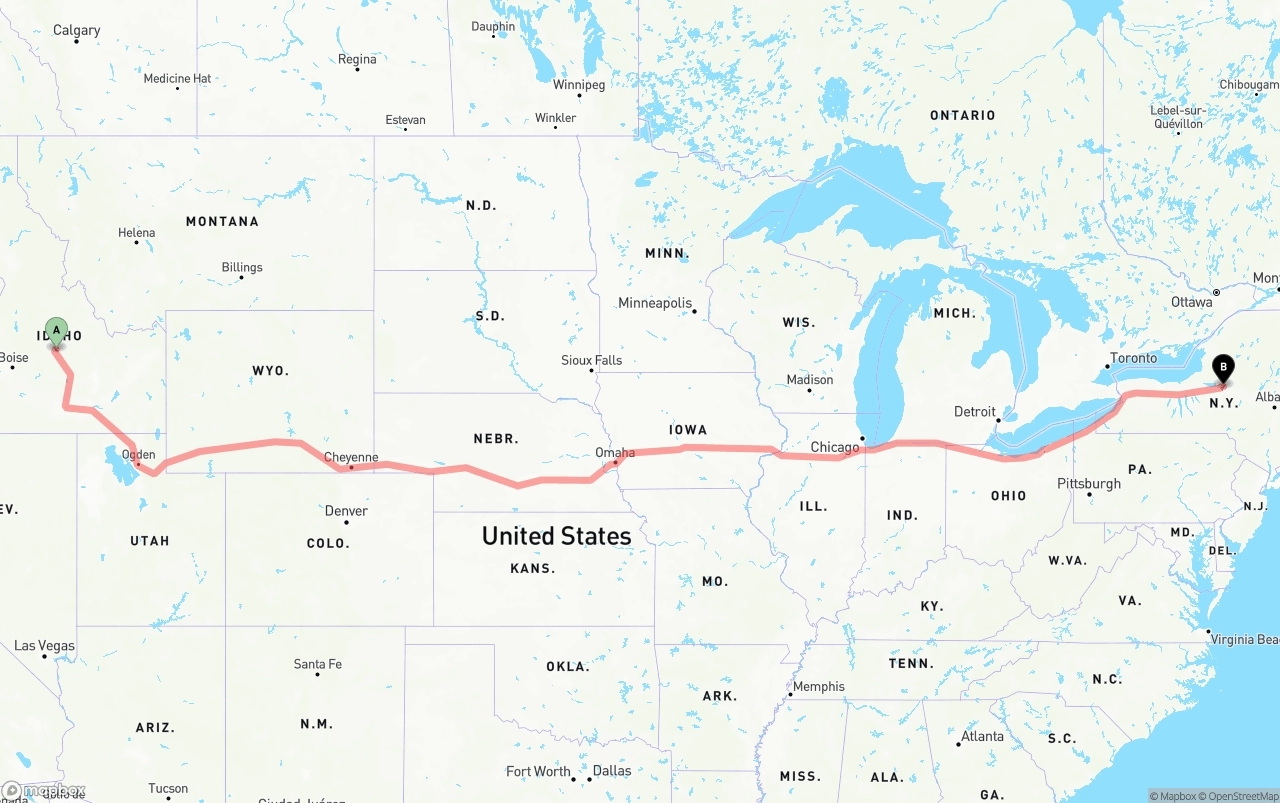 Shipping route from Idaho to New York