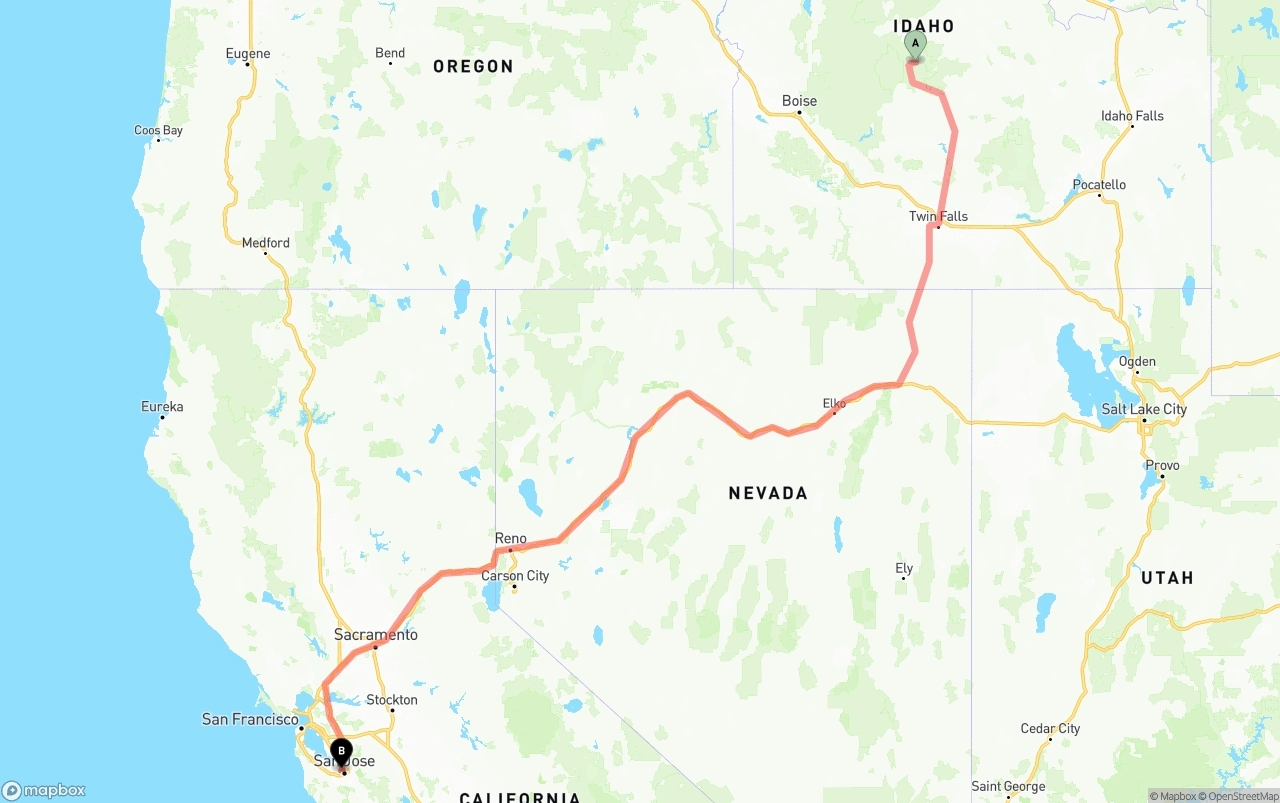 Shipping route from Idaho to Norman Y. Mineta San Jose International Airport