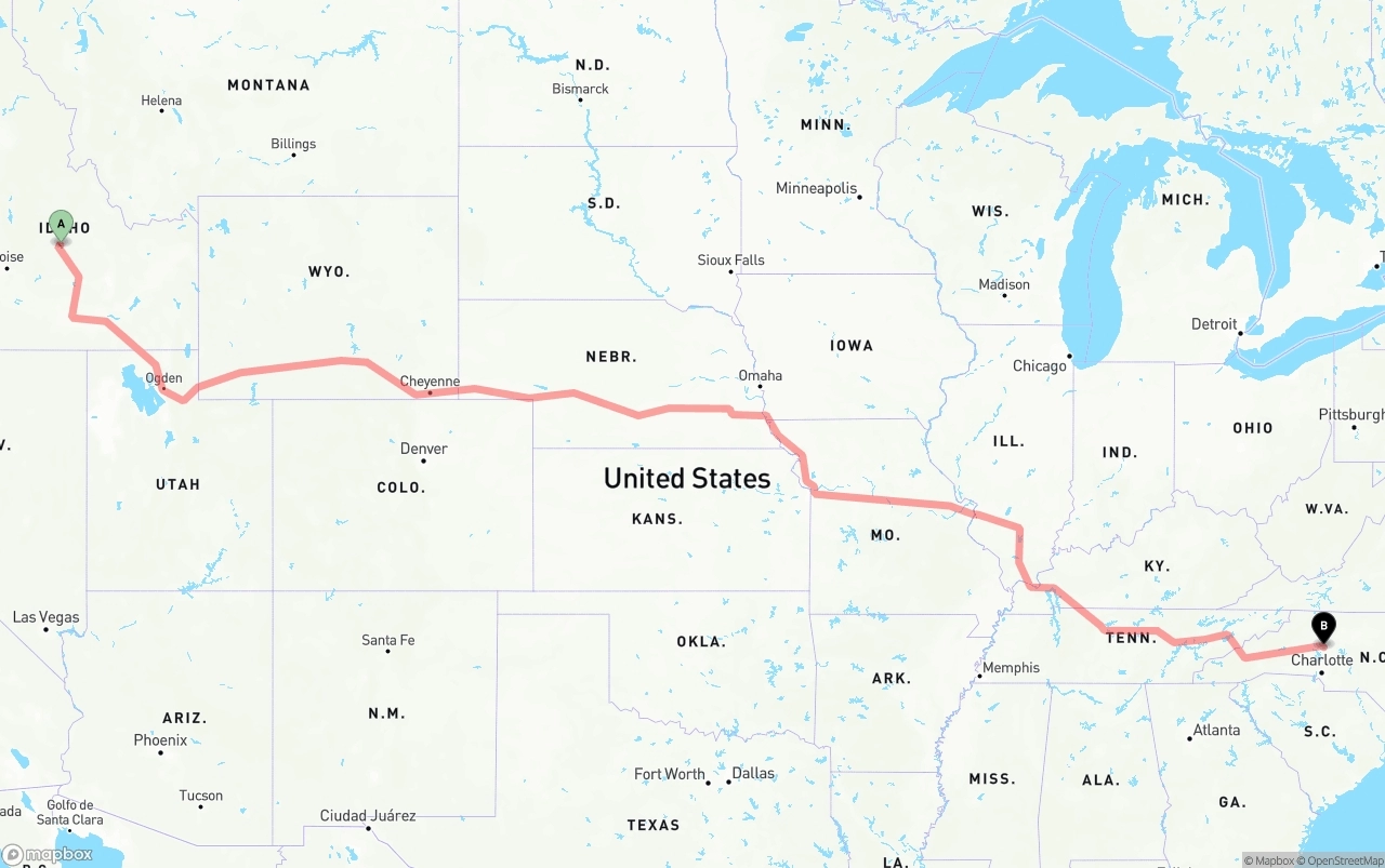 Shipping route from Idaho to North Carolina