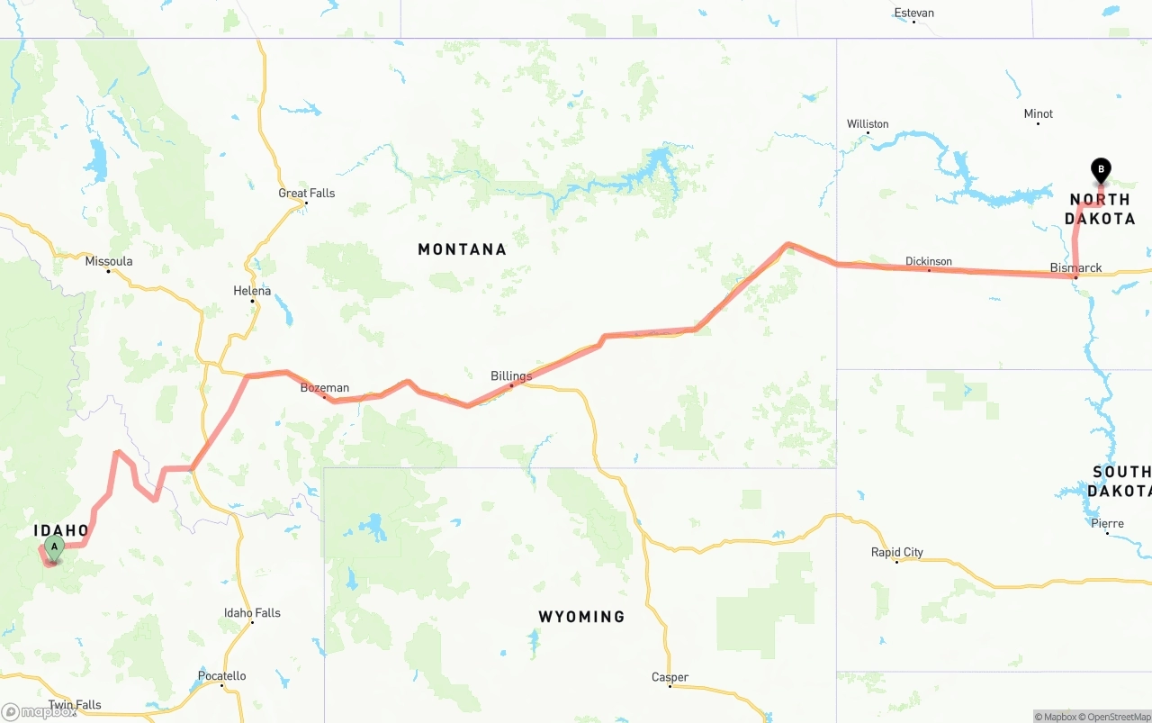 Shipping route from Idaho to North Dakota