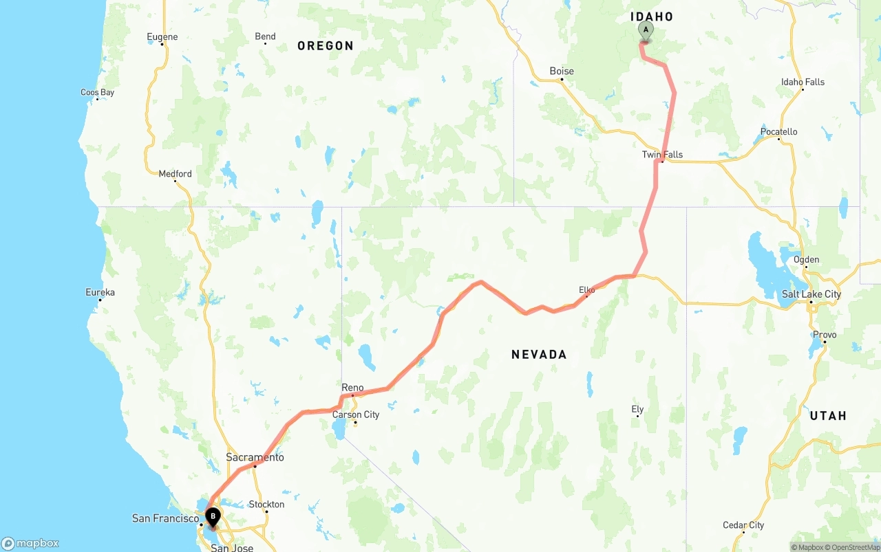 Shipping route from Idaho to Oakland International Airport
