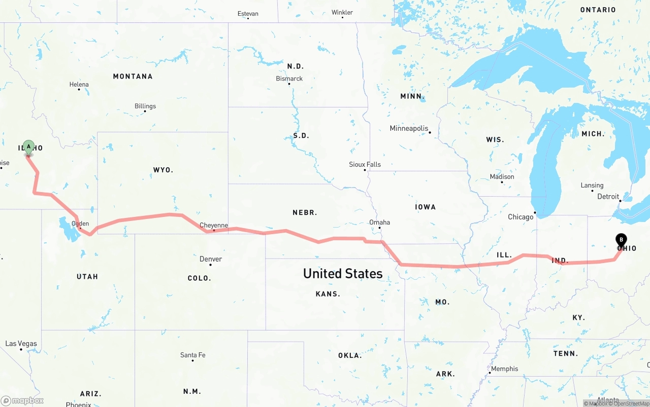 Shipping route from Idaho to Ohio