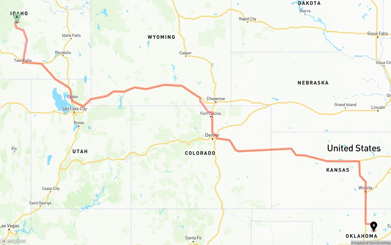 Shipping route from Idaho to Oklahoma