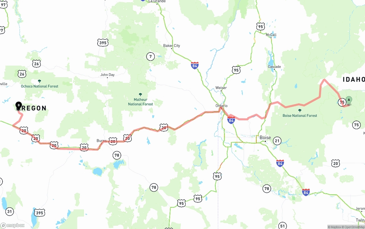 Shipping route from Idaho to Oregon