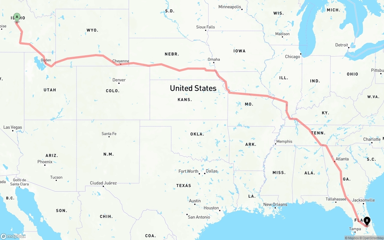 Shipping route from Idaho to Orlando International Airport