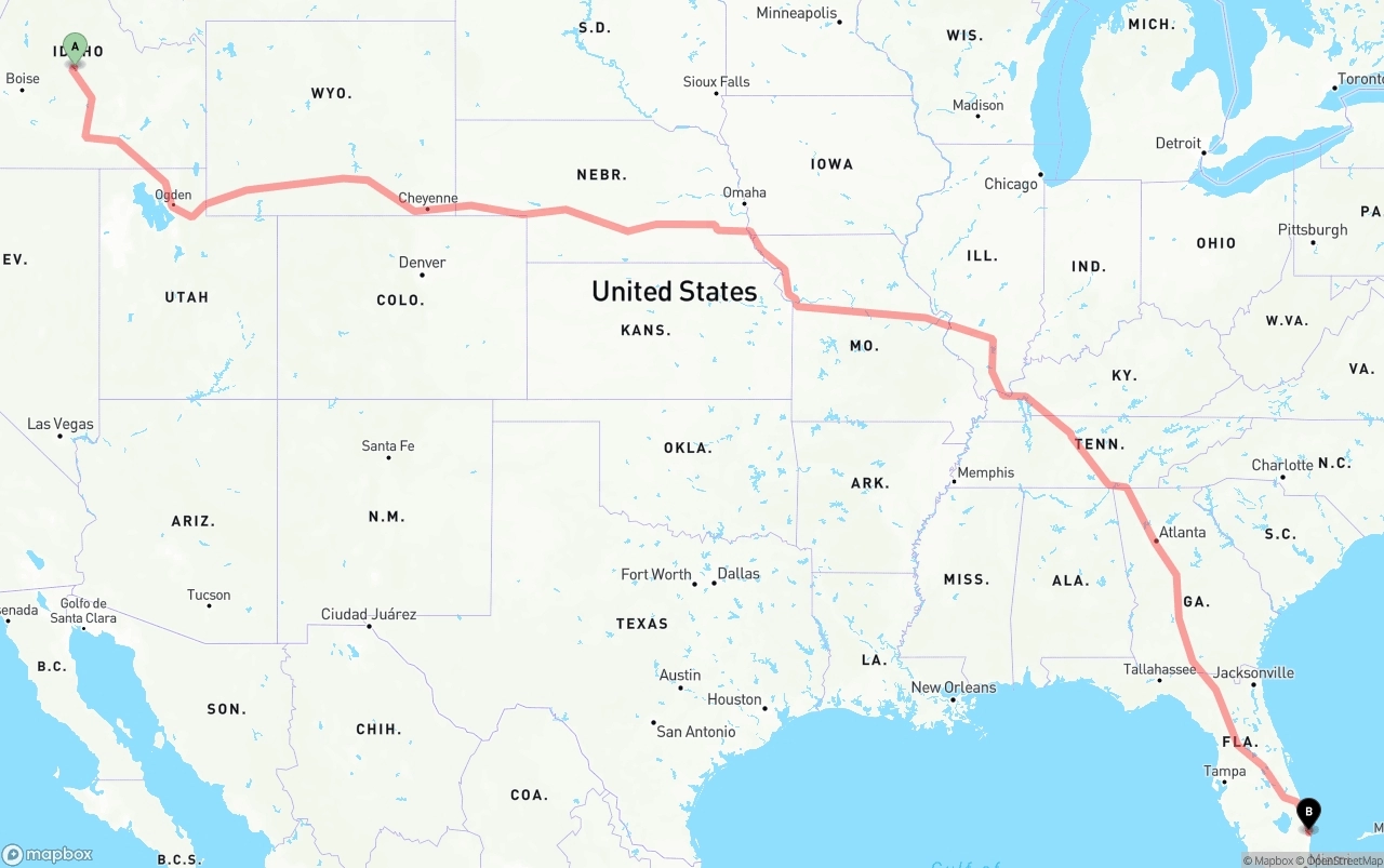 Shipping route from Idaho to Palm Beach International Airport