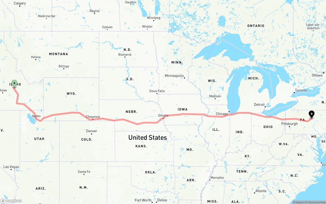 Shipping route from Idaho to Pennsylvania