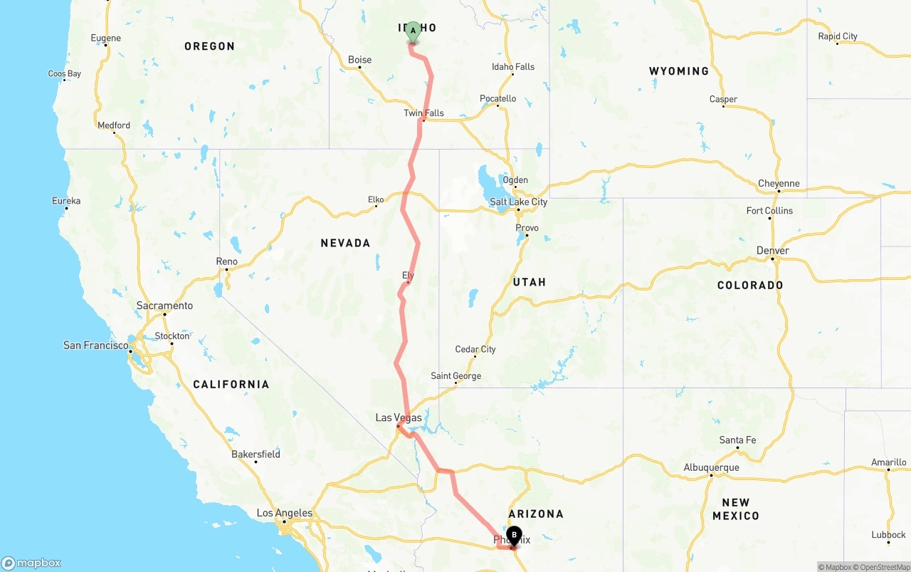 Shipping route from Idaho to Phoenix Sky Harbor International Airport