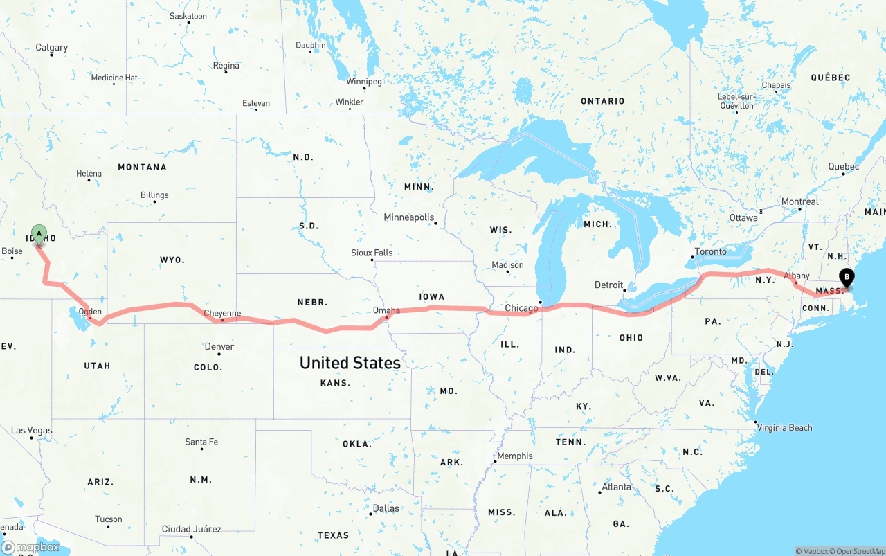 Shipping route from Idaho to Port of Boston