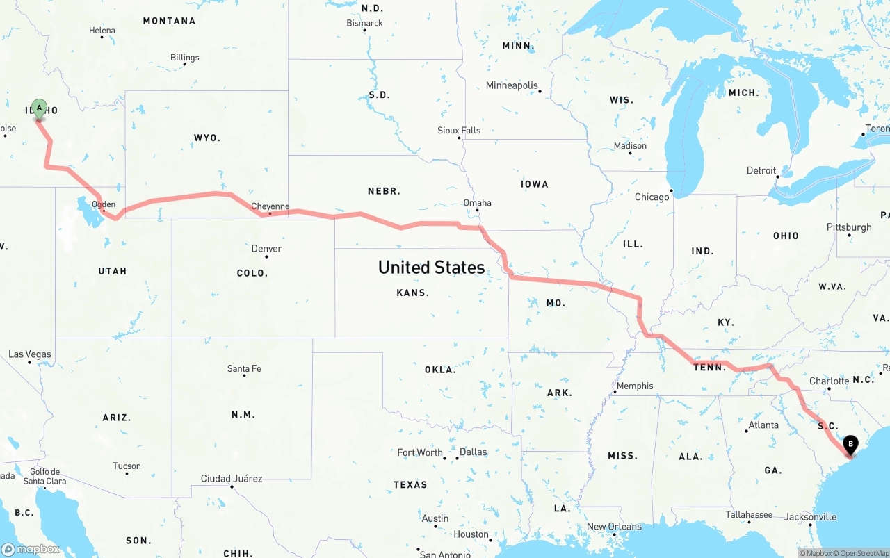 Shipping route from Idaho to Port of Charleston
