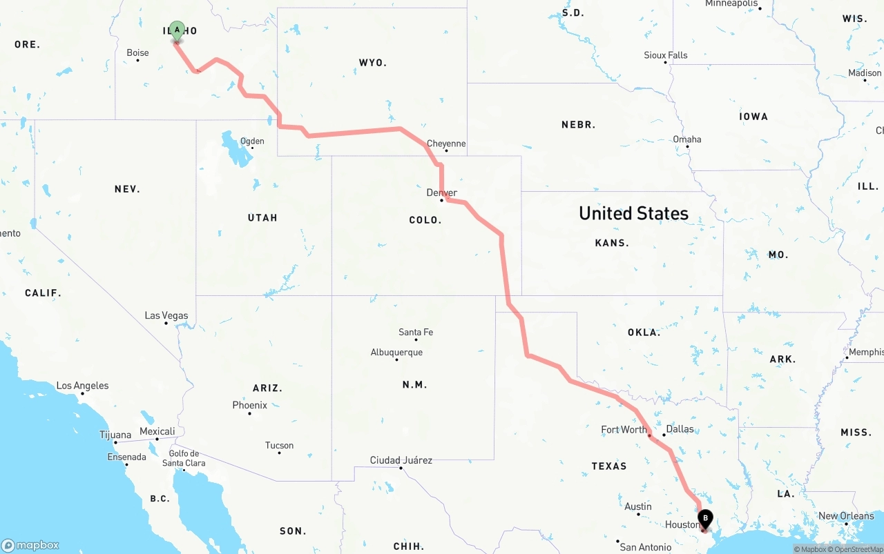 Shipping route from Idaho to Port of Houston