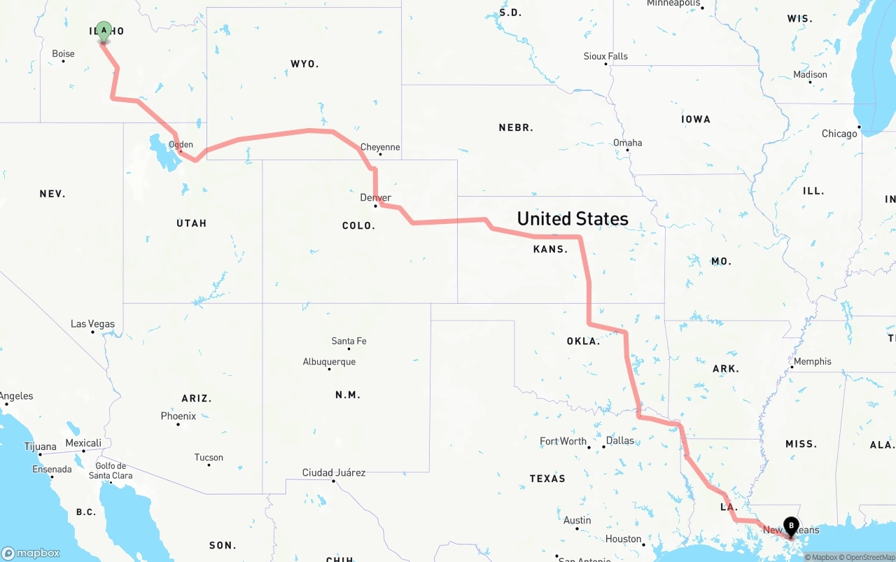 Shipping route from Idaho to Port of New Orleans