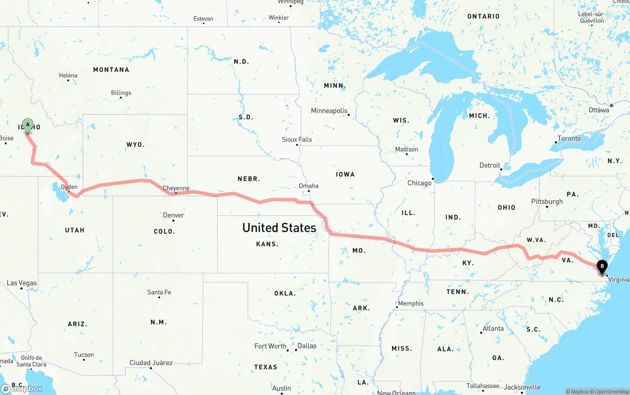 Shipping route from Idaho to Port of Norfolk